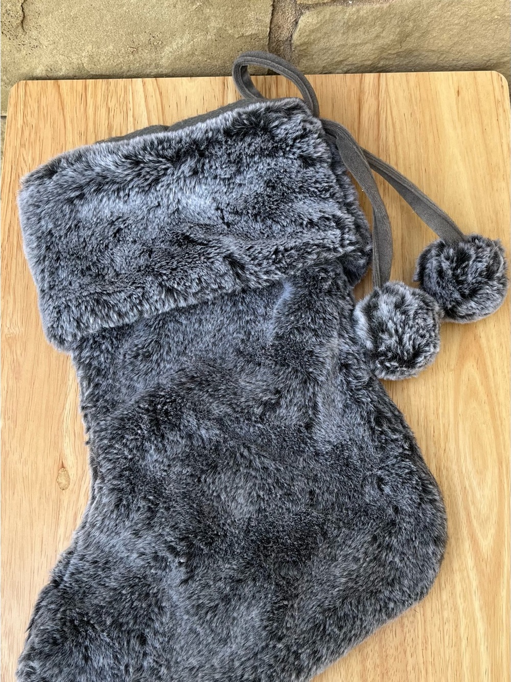 Plush Faux Fur Holiday Stocking with Pom Poms - Charcoal Gray